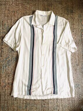Zara Men’s Collared Button Down Short Sleeve White Bowling Shirt Large EUC